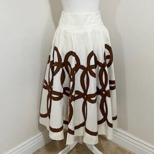 Easton Pearson Full Midi Skirt White & Brown Geometric Cotton